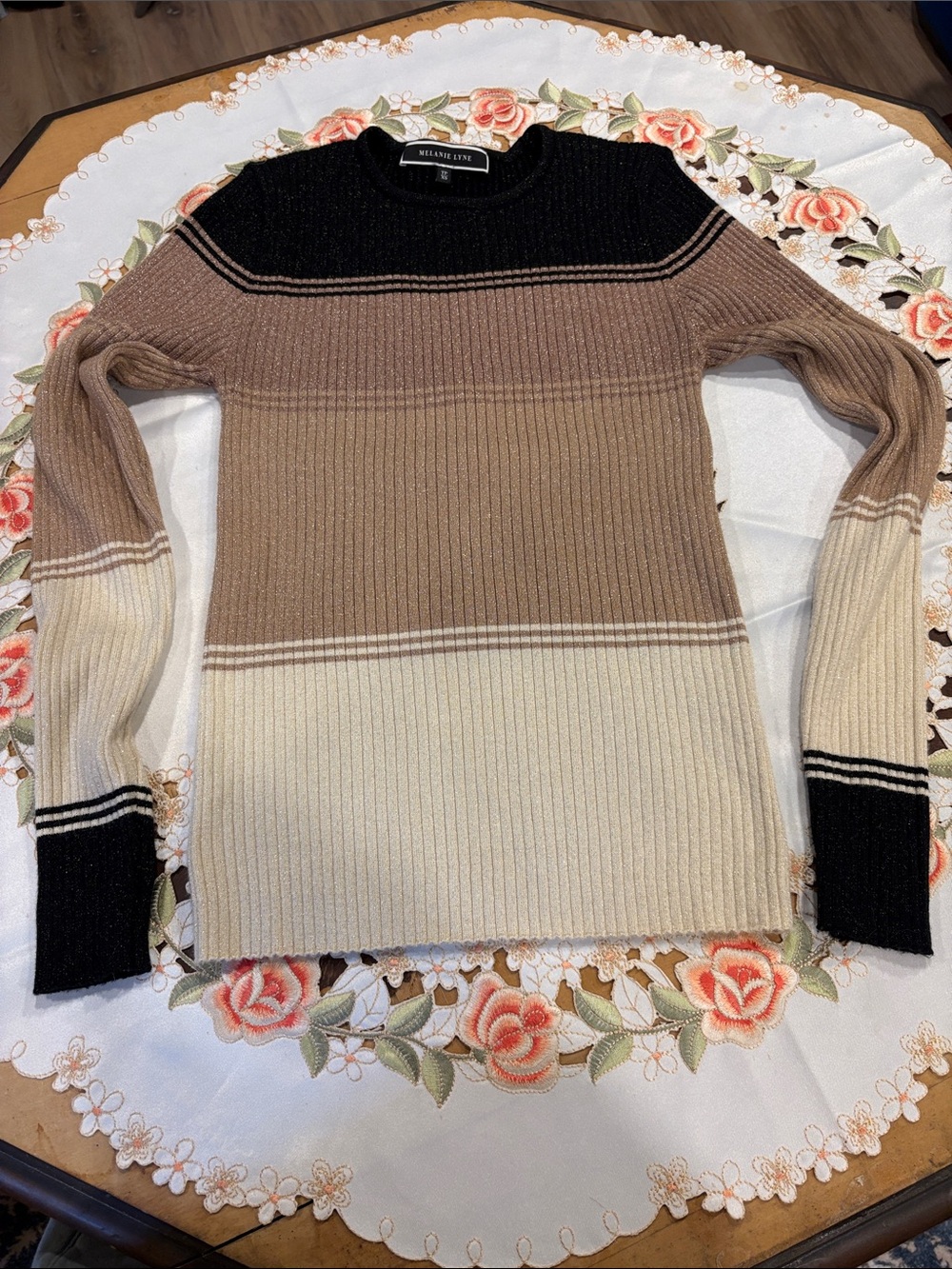 Melanie Lyne Colorblock Ribbed Crewneck Sweater - Black, Brown & Cream